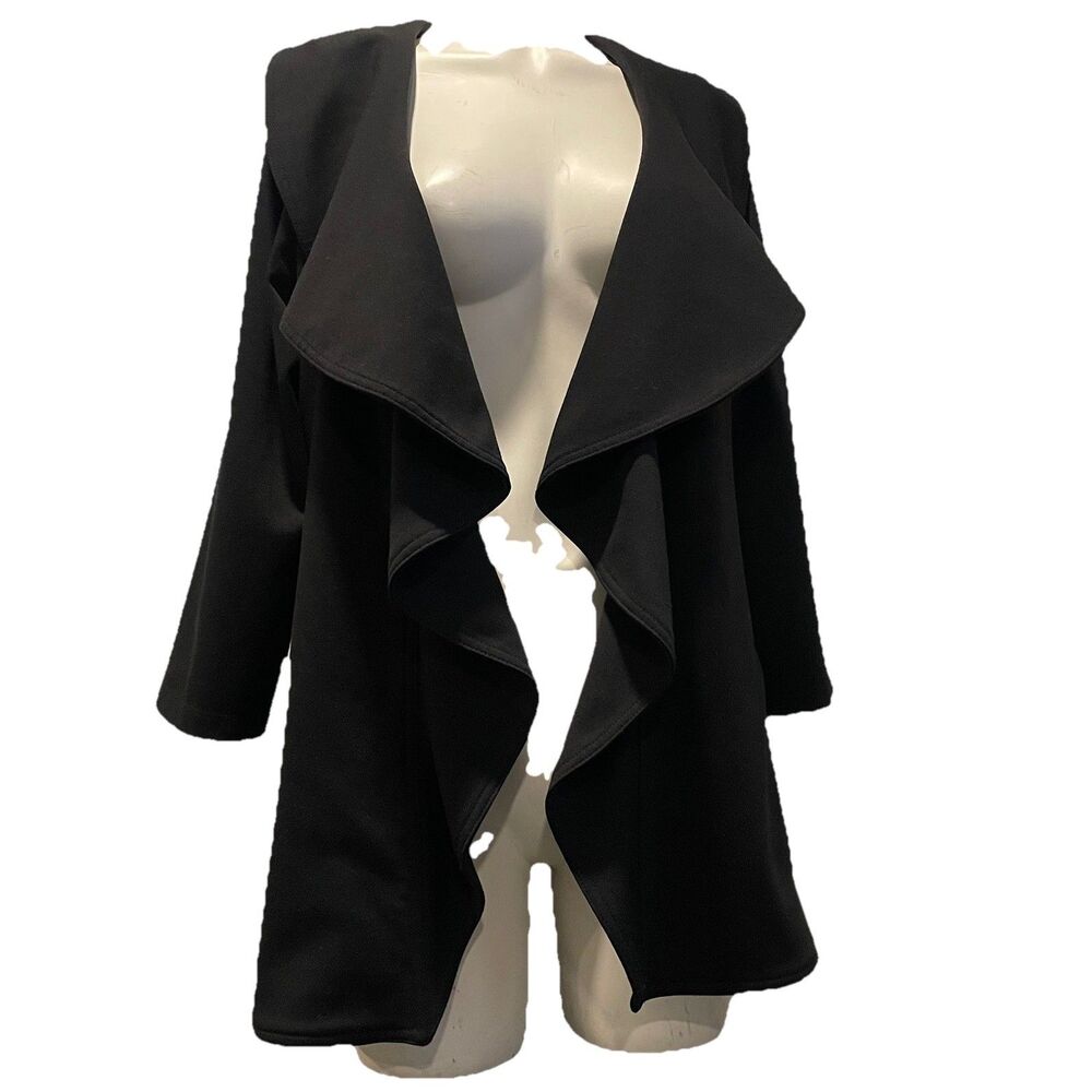 Calvin Klein Solid Black Ponte Open Front Waterfall Ruffle Jacket Blazer Sz 4